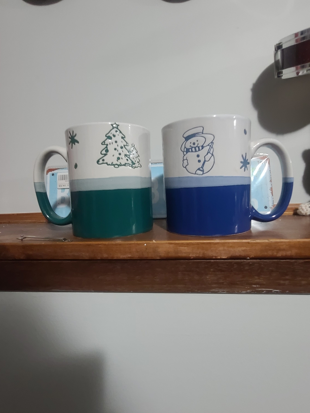 Ceramic Holiday Tree and Snowman Mugs - Green & Blue